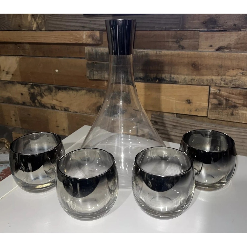 Vintage Mid Century Modern Decanter Chrome Accent & 4 Silver Fade Rocks Glasses.